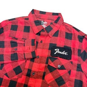 Fender Flannel Shirt Mens Large Red Black Buffalo Plaid Long Sleeve Button Down